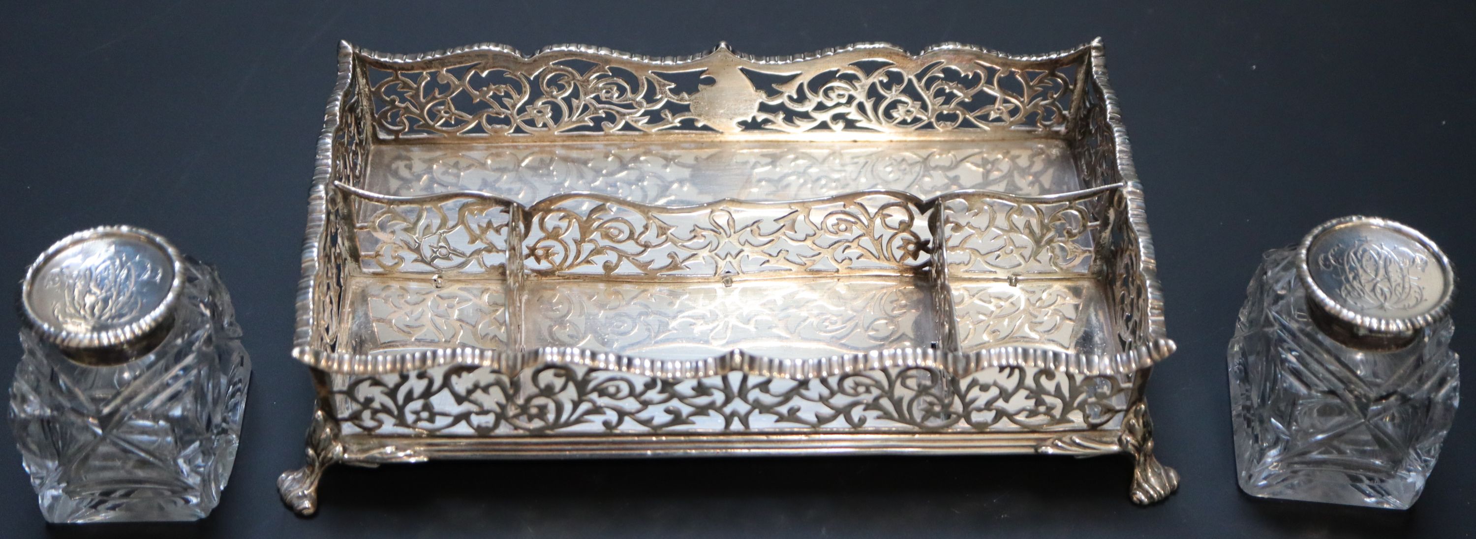 A Victorian silver rectangular inkstand with pierced gallery and two glass wells, Charles Stuart Harris, London, 1886/7, 18.7cm,